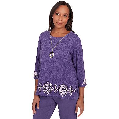 Women's Alfred Dunner Embroidery Trimmed 3/4-Sleeve Top with Necklace