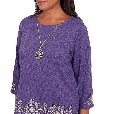 Women's Alfred Dunner Embroidery Trimmed 3/4-Sleeve Top with Necklace