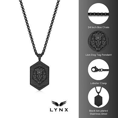 Men's LYNX Stainless Steel Black Ion-Plated Lion Dog Tag Pendant Necklace