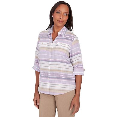 Petite Alfred Dunner Horizontal Stripe Collared Button Down Top