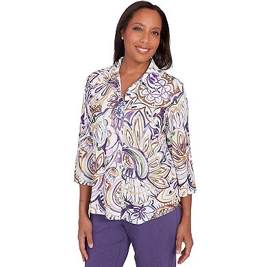 Petite Alfred Dunner Floral Drama Paisley Collared Button Down Top