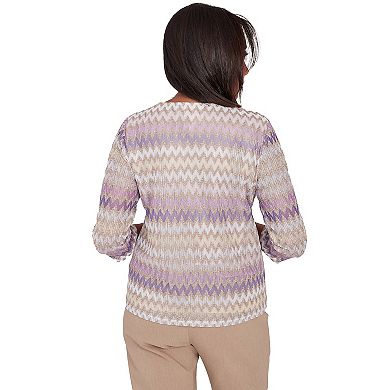 Petite Alfred Dunner Sparkly Zig Zag Stripe 3/4-Sleeve Top