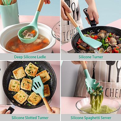 Wooden Handle Silicone Cooking Utensils Set Of 11