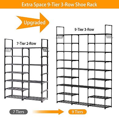 Black, 9 Tiers Metal Shoe Rack Free Standing Storage Shelf With 2 Hooks