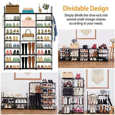 Black, 9 Tiers Metal Shoe Rack Free Standing Storage Shelf With 2 Hooks