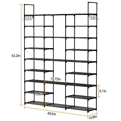 Black, 9 Tiers Metal Shoe Rack Free Standing Storage Shelf With 2 Hooks