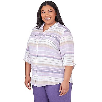 Plus Size Alfred Dunner Horizontal Stripe Button Down Collared Top
