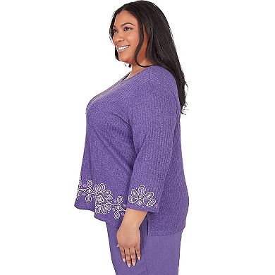 Plus Size Alfred Dunner Embroidery Trimmed 3/4-Sleeve Top with Necklace