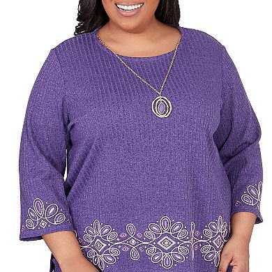 Plus Size Alfred Dunner Embroidery Trimmed 3/4-Sleeve Top with Necklace