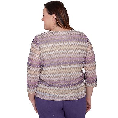 Plus Size Alfred Dunner Sparkly Zig Zag Stripe 3/4-Sleeve Top