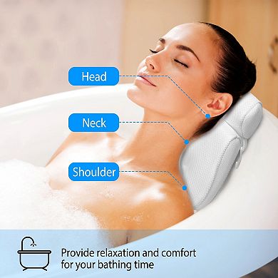 White, Bathtub Pillow With Suction Cups For Neck And Head Support