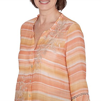 Women's Alfred Dunner Floral Embroidered Striped Long Sleeve Top