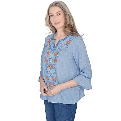 Women's Alfred Dunner Floral Embroidered Front Bell Sleeve Top