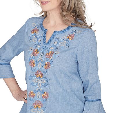 Women's Alfred Dunner Floral Embroidered Front Bell Sleeve Top