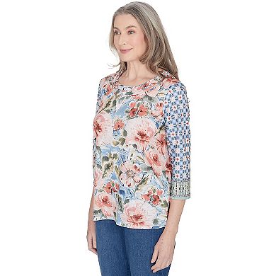 Women's Alfred Dunner Watercolor Floral Geo 3/4-Sleeve Top