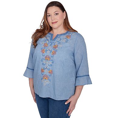 Plus Size Alfred Dunner Floral Embroidered Front Bell Sleeve Top
