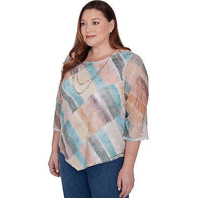 Plus Size Alfred Dunner Stained Glass Popcorn Knit Top with Necklace