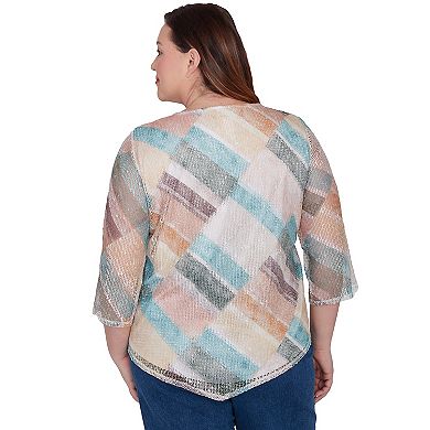 Plus Size Alfred Dunner Stained Glass Popcorn Knit Top with Necklace