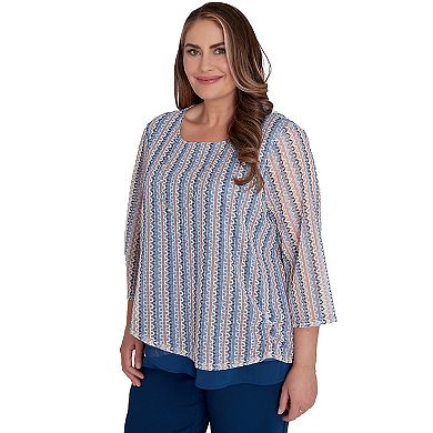 Plus Size Alfred Dunner Vertical Texture Sheer Trim Top with Necklace