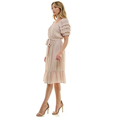 Women's Luxology Pleated Sleeve Belted Midi Dress