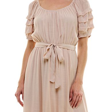 Women's Luxology Pleated Sleeve Belted Midi Dress