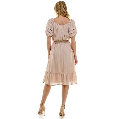 Women's Luxology Pleated Sleeve Belted Midi Dress