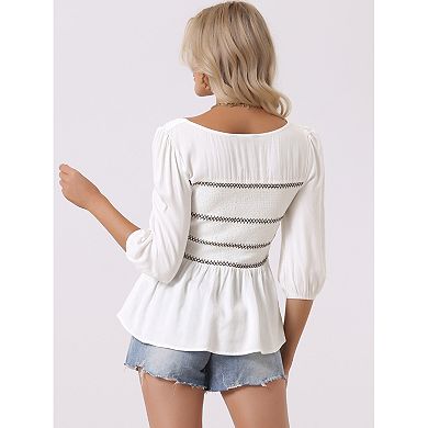 Smocked Tops For Women's 3/4 Sleeve Ruffle Square Neck Peplum Blouse Top