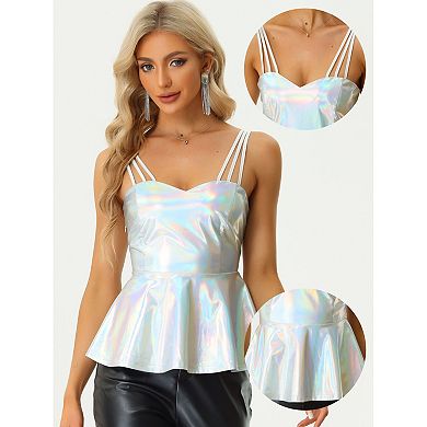 Metallic Peplum Cami Top For Women's Sleeveless Spaghetti Strap Party Tank Tops