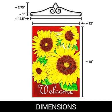 G128 Combo Set: Garden Flag Hanger And Garden Flag Welcome 4 Sunflowers Red Background 12"x18"