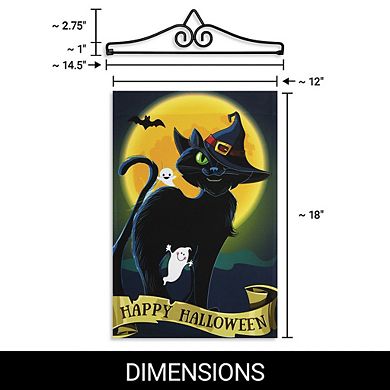 G128 Combo Set: Garden Flag Hanger And Garden Flag Happy Halloween Black Cat Moon 12"x18"