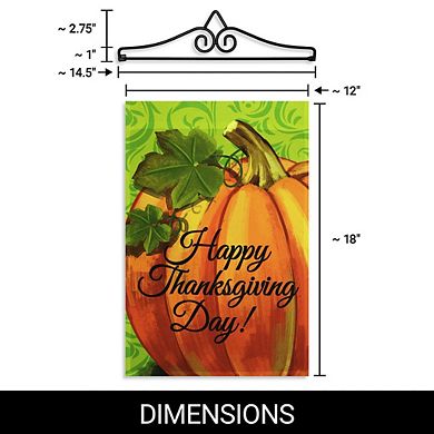 G128 Combo Set: Garden Flag Hanger And Garden Flag Happy Thanksgiving Pumpkin Green Bg 12"x18"