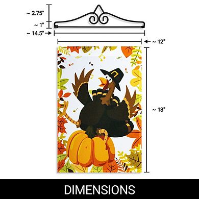 G128 Combo Set: Garden Flag Hanger And Garden Flag Pilgrim Turkey With Pumpkin 12"x18"