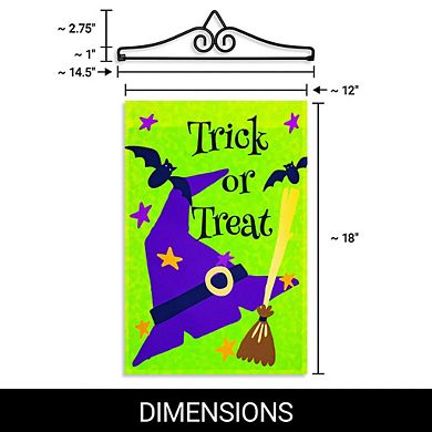 G128 Combo Set: Garden Flag Hanger And Garden Flag Trick Or Treat Purple Witch Hat Green Bg 12"x18"