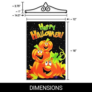 G128 Combo Set: Garden Flag Hanger And Garden Flag Happy Halloween 3 Pumpkins 12"x18"