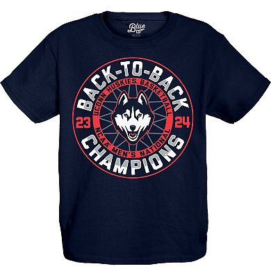 Youth Blue 84  Navy UConn Huskies Back-To-Back NCAA Men's Basketball National Champions T-Shirt