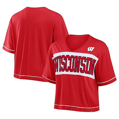 Women's Fanatics Branded Red Wisconsin Badgers Home Team Bold Fashion Modest V-Neck Cropped T-Shirt