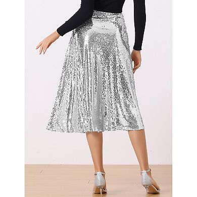 Women's Sequin Sparkly High Waist Glitter Cocktail Party Midi Skirt