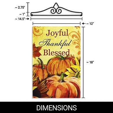 G128 Combo Set: Garden Flag Hanger And Garden Flag Joyful Thankful Blessed 3 Pumpkins 12"x18"