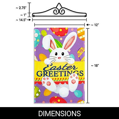 G128 Combo Set: Garden Flag Hanger And Garden Flag Easter Greetings With White Bunny Eggs 12"x18"