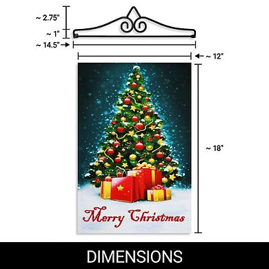 G128 Combo Set: Garden Flag Hanger And Garden Flag Merry Christmas Tree With Gifts 12"x18"