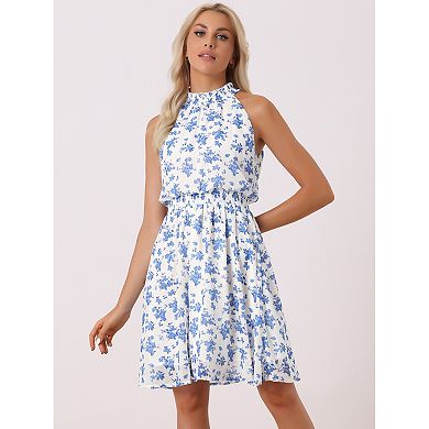 Women's Halter Neck Sleeveless Smocked Waist Floral Dress