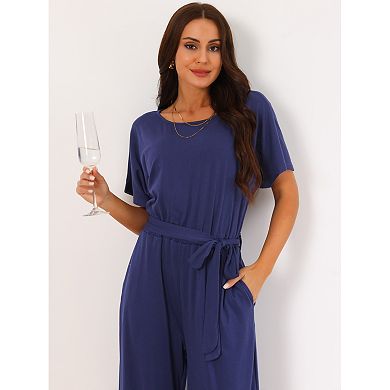 Women's Crewneck Belted High Waist Wide Leg Casual Dressy Jumpsuits With Pockets