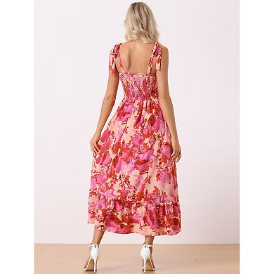 Women's Tie Straps Sleeveless Smocked Square Neck Floral Maxi Dress