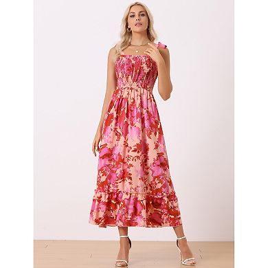 Women's Tie Straps Sleeveless Smocked Square Neck Floral Maxi Dress