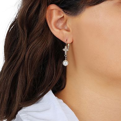 Symbols of Faith Gold Tone Crystal & Simulated Pearl Cross Drop Earrings