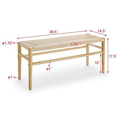 Hivvago Rustic Entrance Indoor Boho Dining Bench Paper Cord & Rubber Wood Legs