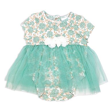 Baby Girls 2 Piece Aqua Floral Romper With Tulle Over Skirt And Matching Headband