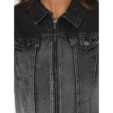 Denim Crop Jacket For Women's Casual Zip Up Washed Jean Jackets