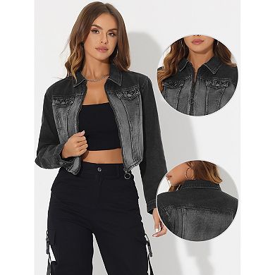 Denim Crop Jacket For Women's Casual Zip Up Washed Jean Jackets