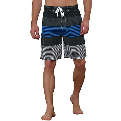 Men's Drawstring Waist Contrast Color Stripes Printed Summer Swim Shorts